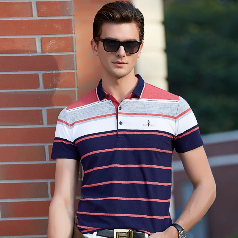 Summer Menswear Business Casual short sleeves Polo shirt men Striped ...