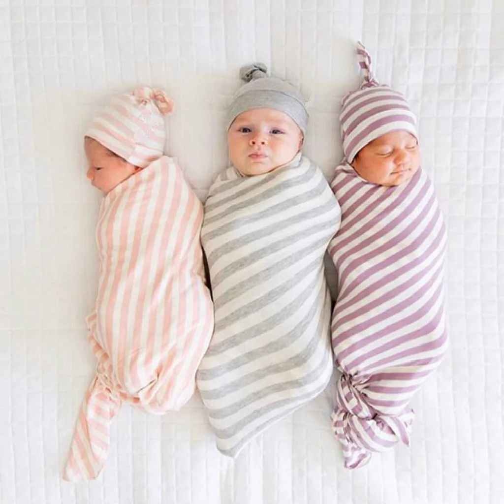 

Newborn Infant Baby Striped Swaddle Hat Soft Sleeping Blanket Wrap Set Kids Sleep Sack Stroller Wrap Baby Swaddle Bag Blanket