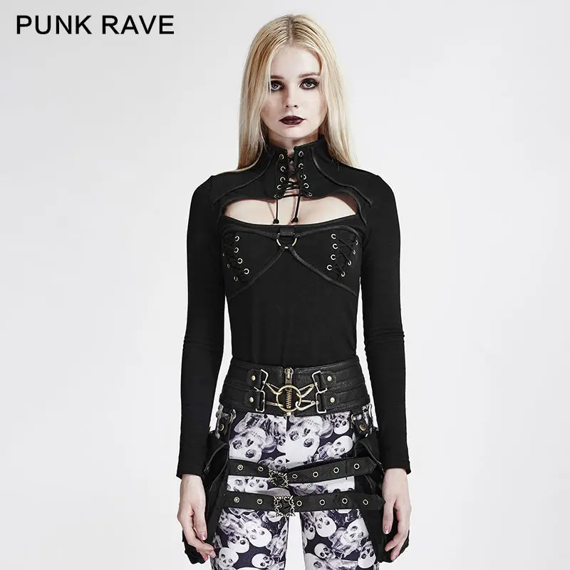 Женская футболка в стиле стимпанка PUNK RAVE готические черные открытые сексуальные