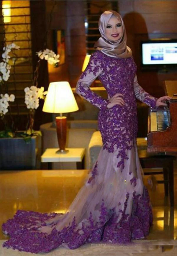 fashion font b hijab b font long prom dress 2016 o neck appliques lace mermaid floor