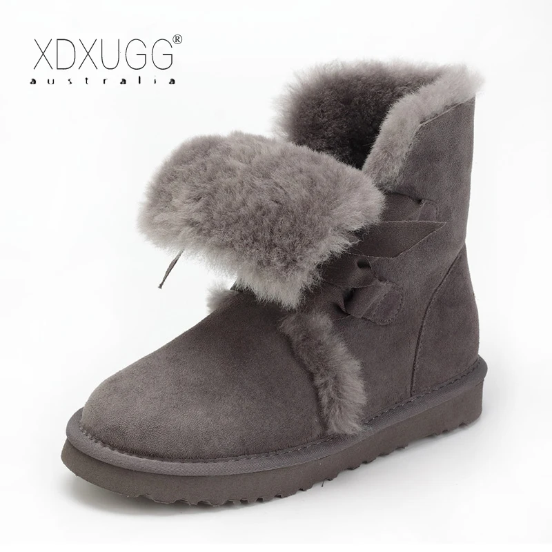 

XDXUGG Women Sheep Fur Snow Boots Female Warm Winter Flat Bandage Calf Height Boots Large Size Female Shoes Free shipping