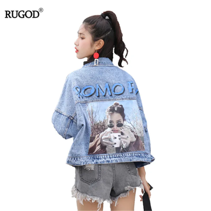 

RUGOD New Korean Letter Funny Print Jean Jacket Women Casual Loose Long Sleeve Short Jacket 2019 Summer Denim Coat With Pockets
