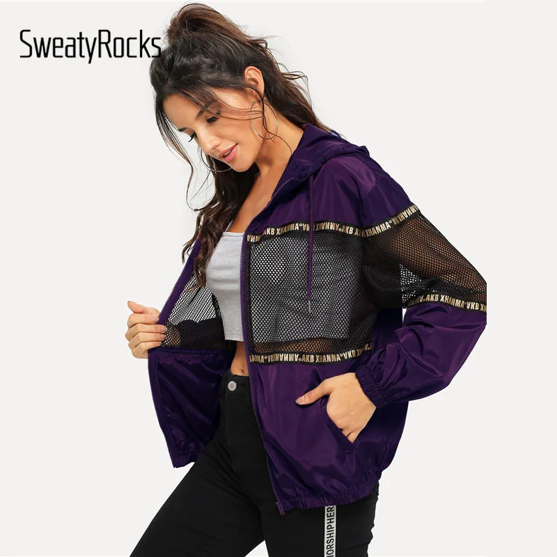 

SweatyRocks Purple Mesh Insert Drawstring Hooded Windbreaker Jacket Active Wear Tops 2018 Women Workout Autumn Casual Overcoats