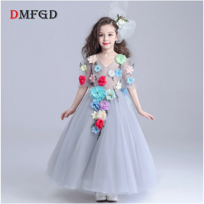 

Hotsale Kids flower fairy dress girls gray summer clothing short sleeve ball gown dresses birthday party piano wedding clothes