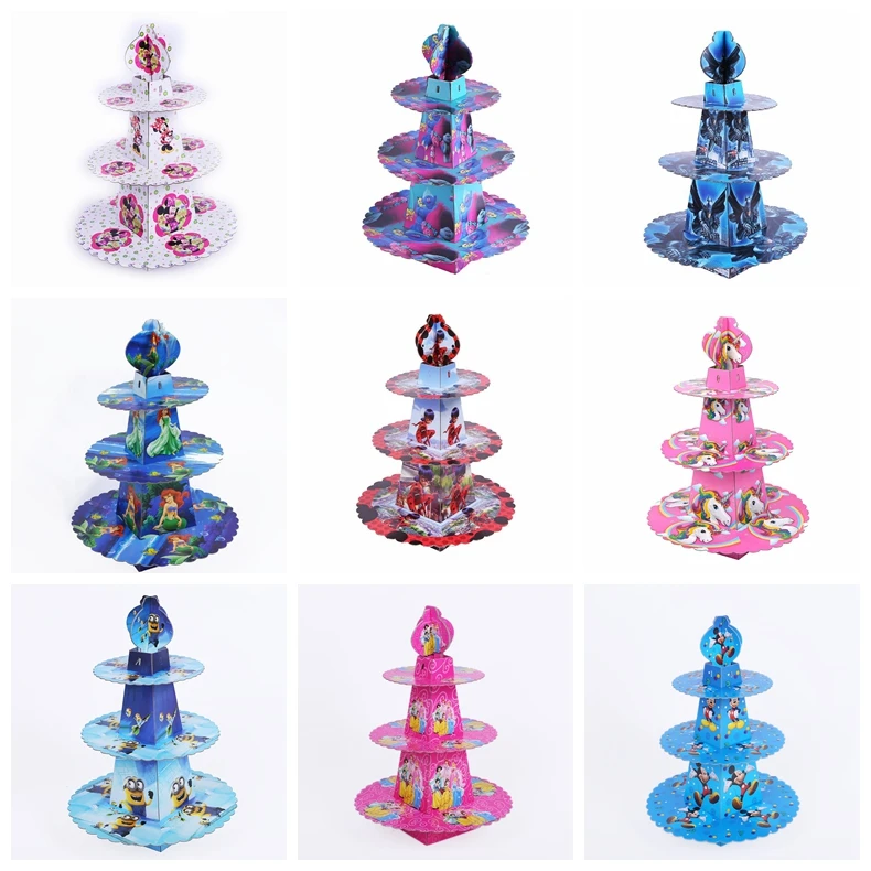 

3-tier Sofia Princess Unicorn Mickey Troll Hello Kitty Cartoon Round Paper Foldable Cake Rack Display Shelf Paper Cupcake Stands
