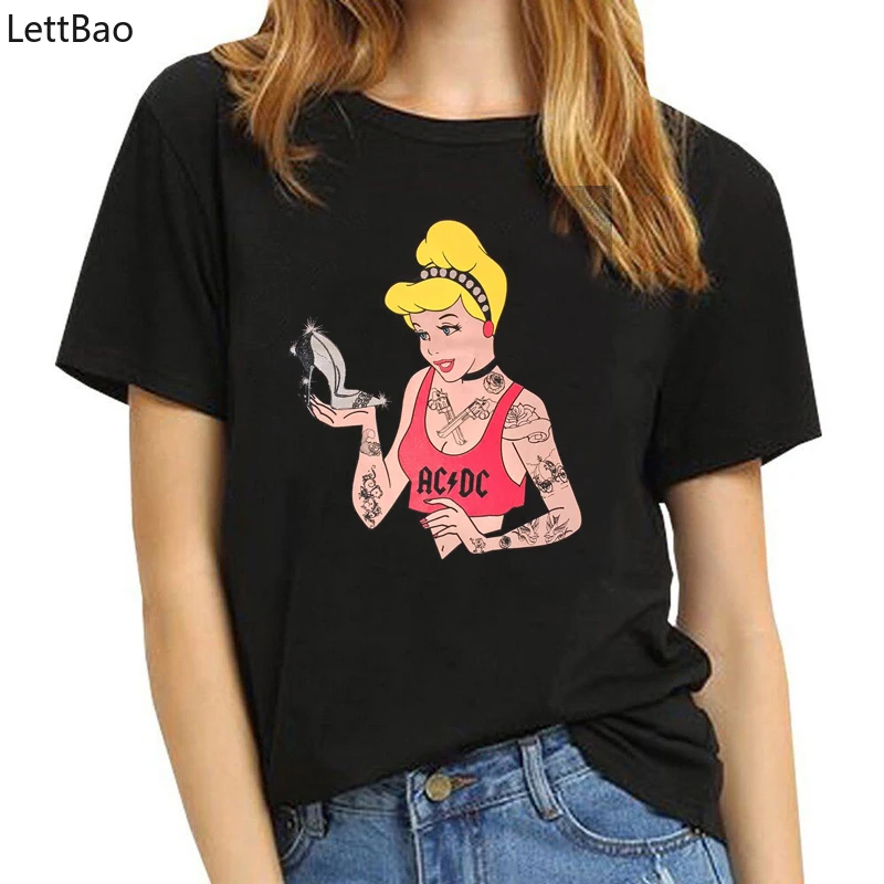 

Alice in Wonderland t shirt women black short sleeve vogue High heels Snow White princess cartoon print 90s tumblr t-shirt femme