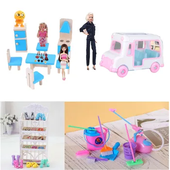 

ZWSISU 7 PCS Doll Accessories Barbiees Dining Room Cook Sets Mini Car Furniture Household Tools Shoes Racks For Barbiees Kelly