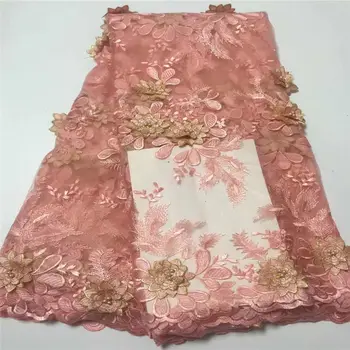 

New African Lace Fabric With Beads 2019 High Quality French Net Lace Fabric Wedding.Nigeria Pink 3D applique tulle Lace Fabric