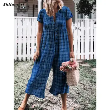 

Women Causal Plaid Print Button Opening Cotton Jumpsuit Wide Leg Trouser Summer V Neck Short Sleeve Loose Beach Romper Overalls