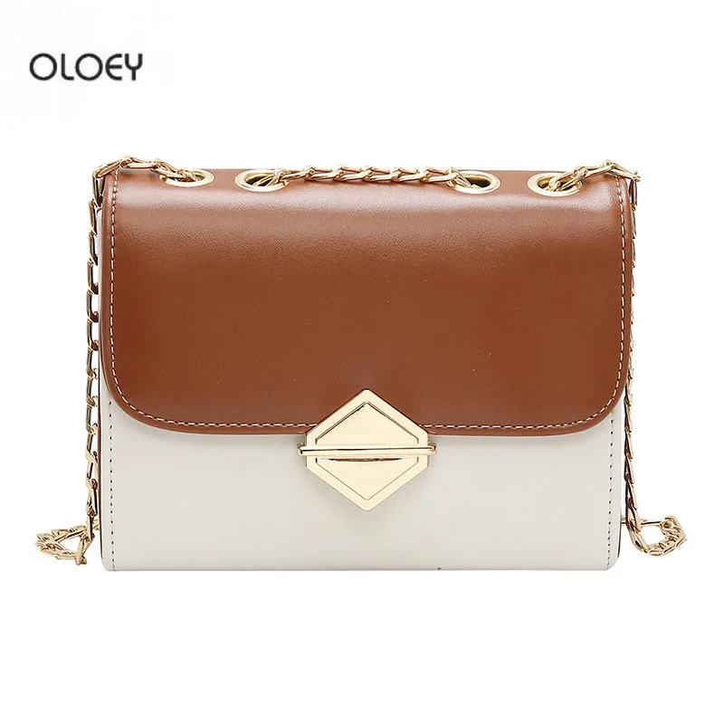 

OLOEY women high-quality leather bag Fashion square lock chain single shoulder messenger bag Simple contrast color clutch bag