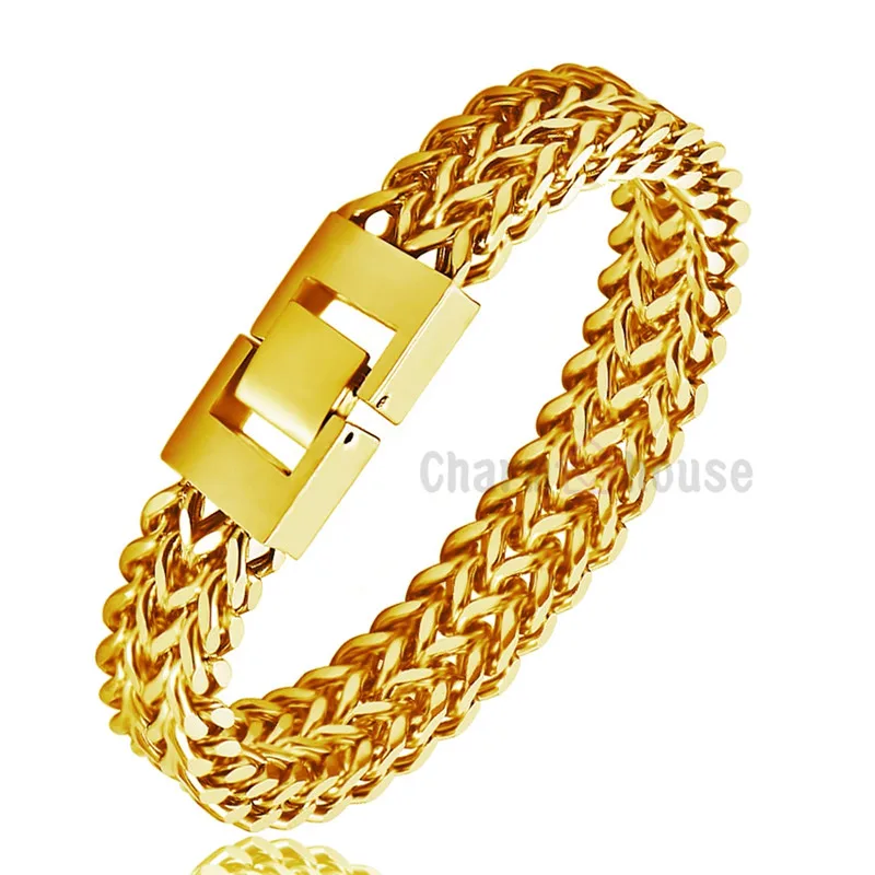 

Stainless Steel Silver/Gold Color Bracelet for Men 12mm Wide Chain Bangle Bracelet Homme Pulsera Trendy Jewelry Bijoux 8 inch