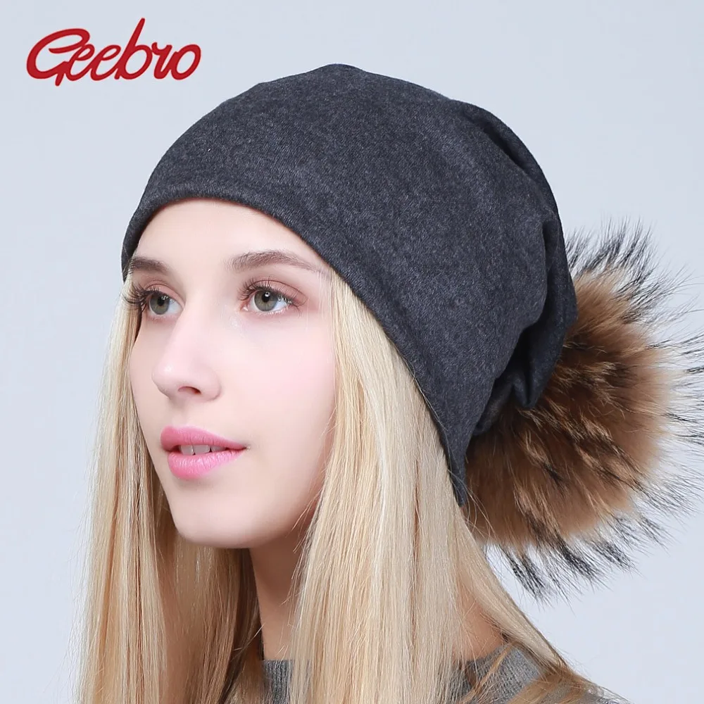 

Geebro Women's Beanie Hat with Pompom Spring Cotton Beanies Hats with Raccoon Fur Pompon Skullies Balaclava Caps For Girls JS294