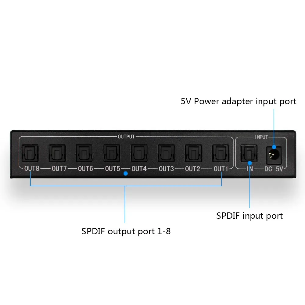 Wiistar SPDIF Splitter 1x8 Digital Optical Audio Splitter SPDIF 1 In 8 Out Support DTS/Dolby with Power Adapter High Quality