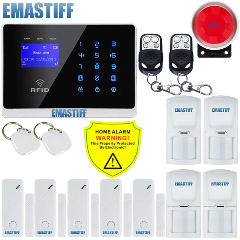 

Free Shipping!LCD Wireless GSM SMS TEXT Touch Keypad IOS/Android App Menu screen Alarm System RFID+NEW 4 PCS PIR+5 Door sensor