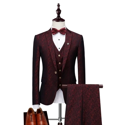 2017 Wedding Dress Suits for Men Slim Fit 3 Piece Set (Jacket+Vest+Pants) Mens Burgundy Floral Jacquard Boys Prom Suit MAUCHLEY 