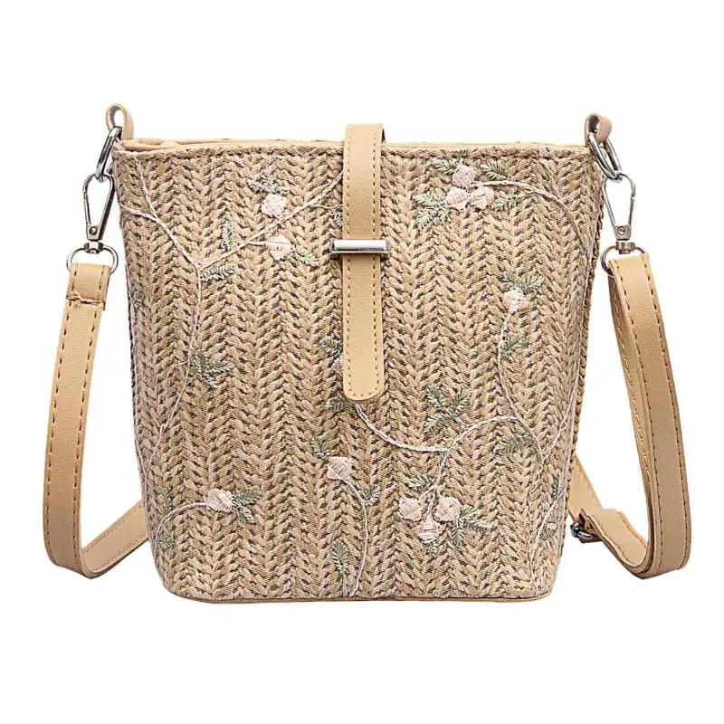 

Lace Flower Decor Shoulder Handbags Women Weaving Crossbody Bucket Bags Handbag Summer Women Beach Flower Straw Bucket Bag