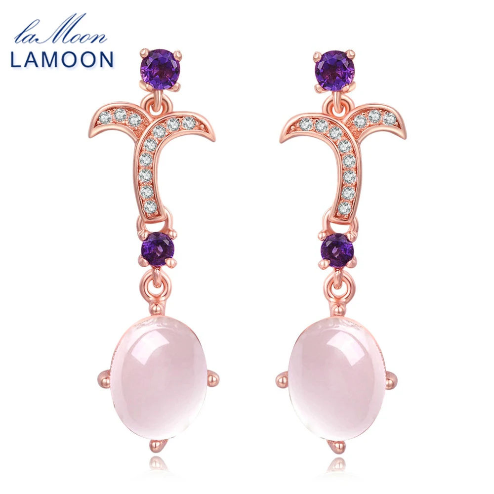 LAMOON- 7X9mm 100% Natural Oval Pink Rose Quartz 925 Sterling Silver Jewelry Drop Earrings S925 LMEI010 | Украшения и аксессуары
