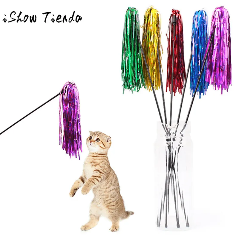

ISHOWTIENDA Kitten Cat Teaser Interactive Toy Rod With Coloured Ribbon Great Interactive Toy 50CM