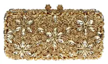 DC1989 Luxury Rhinestones Evening Bags Gold Color Flower Clutches For Women Hard Metal Case Shoulder Chain Shiny Gold PU Lining