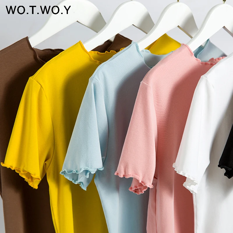 WOTWOY Ruffles Summer T Shirt Women Cotton Casual Solid T-Shirt Women Korean Tops Tee Shirt Femme Slim Black Tshirt Harajuku New