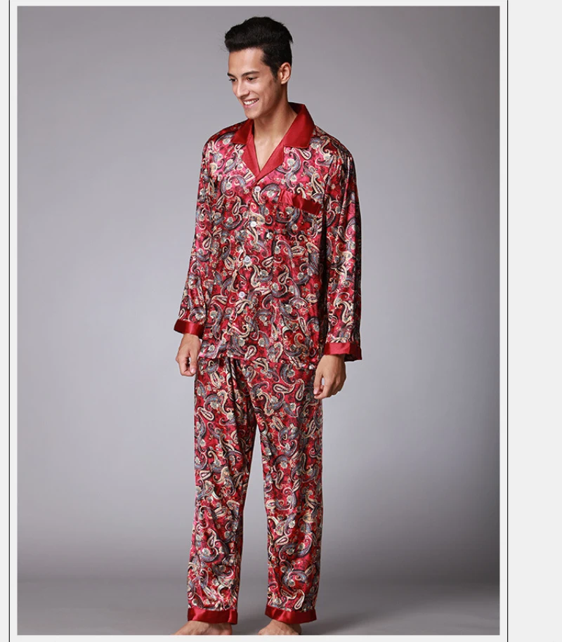 PS003 осенне-весенние пижамы с длинными рукавами мужские атласные шелковые пижамные комплекты из 2 предметов Мужская пижама с принтом мягкая шелковистая одежда для сна Ночное белье
