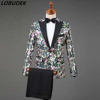 

(Blazer+Pants) Fashion Flowers Printed Slim Men's Suit Wedding Groom 2 Pieces Set Male Singer Host Prom Party Nightclub Costume