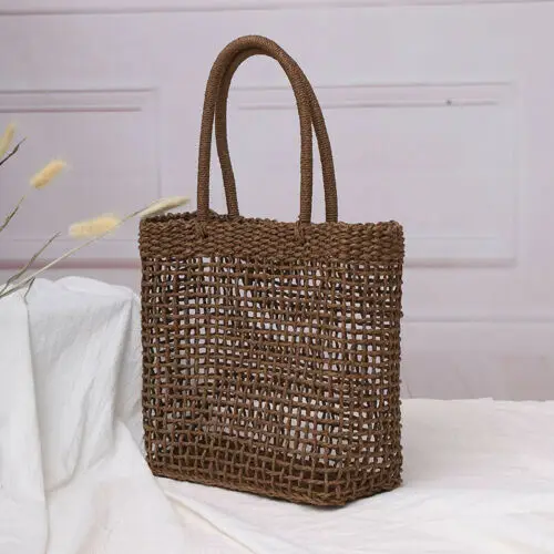 Women Hand-Woven Rattan Bag Lady Straw Purse Wicker Crossbody Beach Bag Gift Fishing Net Matching Plaid Handbag Shoulder Bags