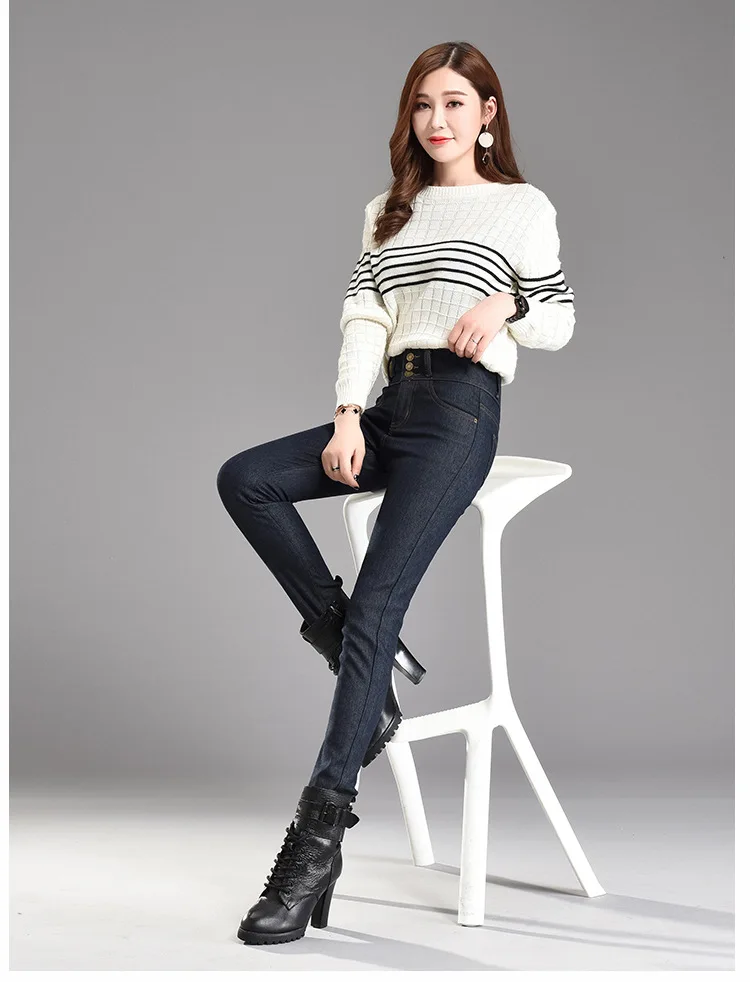 YuooMuoo Высокая талия зимние женские теплые флисовые джинсы плюс размер длинные джинсовые брюки высокая уличная мода женские стрейч простые