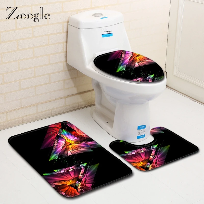 

Zeegle Bath Mat Rugs Anti-Slip Bathroom Mat Set Geometry Pattern Bath Rugs Non-Slip Mat Floor Rug Toilet Seat Cover Set