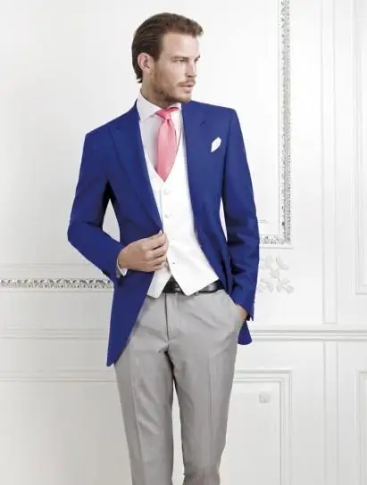 9154 5 De Réductiontuxedos De Marié Sur Mesure Un Bouton Hommes Dhonneur Bleu Blazer Gris Pantalon 3 Pièces Hommes Mariage Bal Dîner Costumes