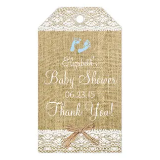 

2x3.5inch Burlap and Lace Image Blue Footprints Baby Shower Gift Tags