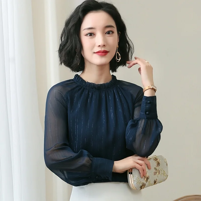 

Women's Shirt New Fashion Solid Long Sleeve Round Neck Chiffon Lace Shirts Blouse Ladies Office Shirt Blusa