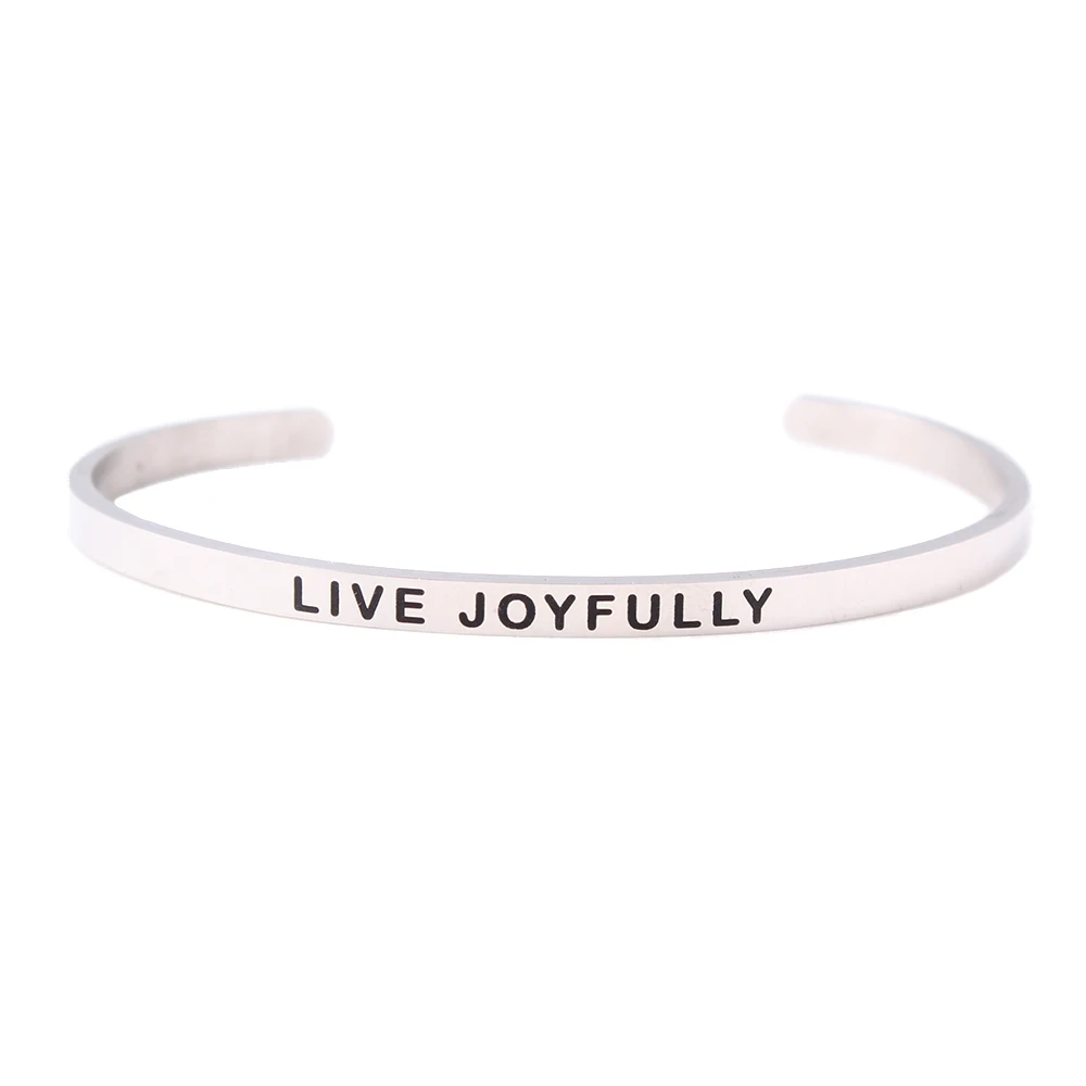 

4MM stainless steel Bangle bracelet engrave LIVE JOYFULLY positive inspirational Mantra bracelet women's best gift
