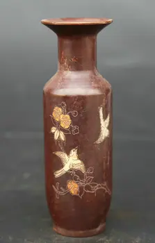 

130MM/5.1" Collection Bronze Chinese Gild Bronze Exquisite Animal Bird Plum Blossom Flower Vase Jardiniere Statue Statuary 884g