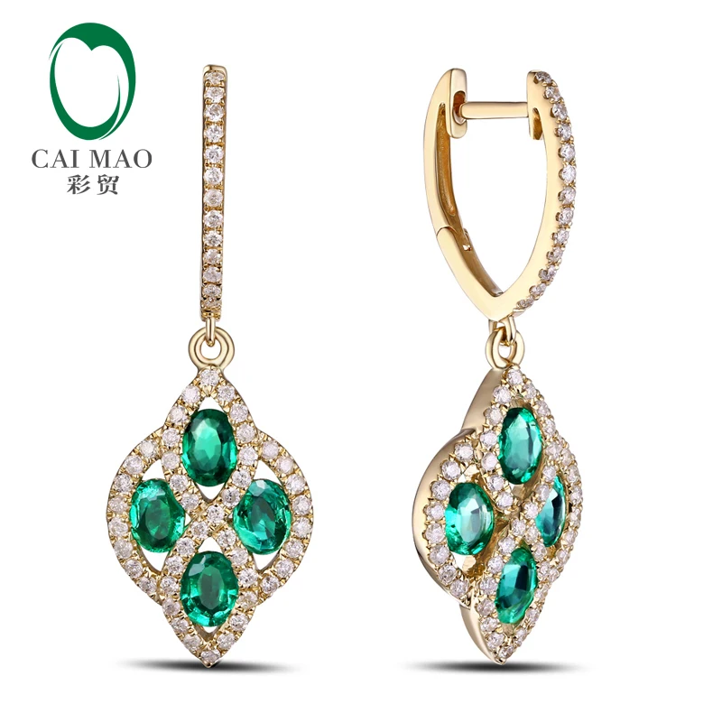 Caimao Jewelry Romantic 14K Yellow Gold Natural Emerald & Diamond Anniversary Engagement Drop Earring
