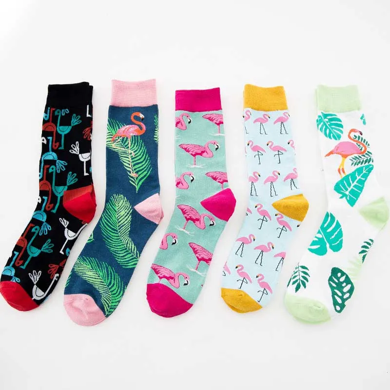 Крутые хлопковые забавные парные носки с фламинго, Harajuku, повседневные счастливые носки с листьями для женщин, художественные модные милые хипстерские носки с фламинго