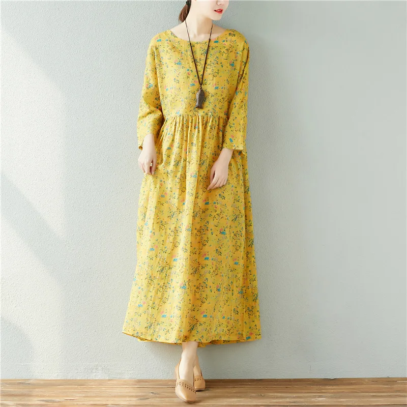 Printemps Vintage Kaki jaune Imprimé Ramie Été Imprimer Robe Dames Femmes Plissée 2018 Rétro gBxUdq8dwn