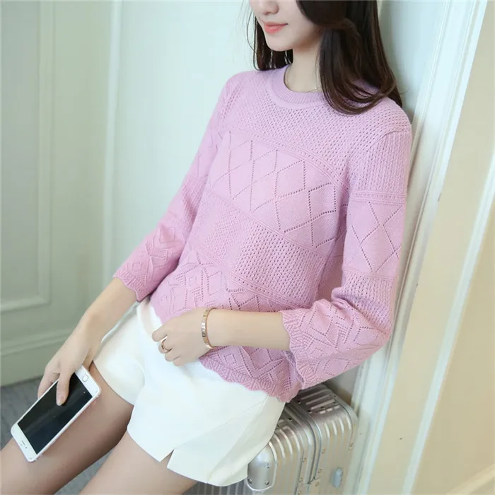 Женские вязаные свитера, весенний пуловер с круглым вырезом, короткие свитера с рукавами-трубами, женские джемперы, топы 2712 - Цвет: pink