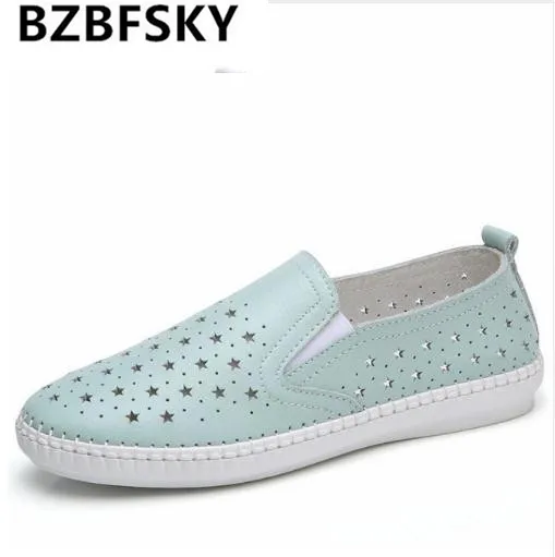 

BZBFSKY 2019 New Summer Shoes Woman Real Cow Leather Flats Women Shoes Slip On Women's Loafers Solid Cut-Outs Female Shoe