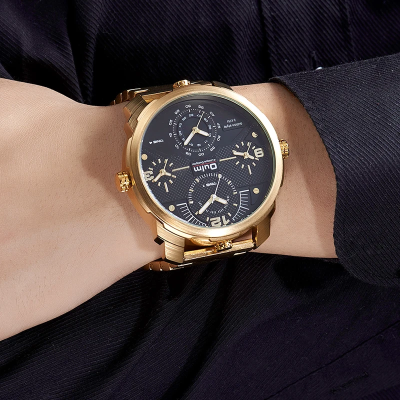 Oulm часы Лидирующий бренд Роскошные Спортивные кварцевые мужские часы большой размер циферблат несколько часовых поясов все стальные мужские часы золотые мужские часы