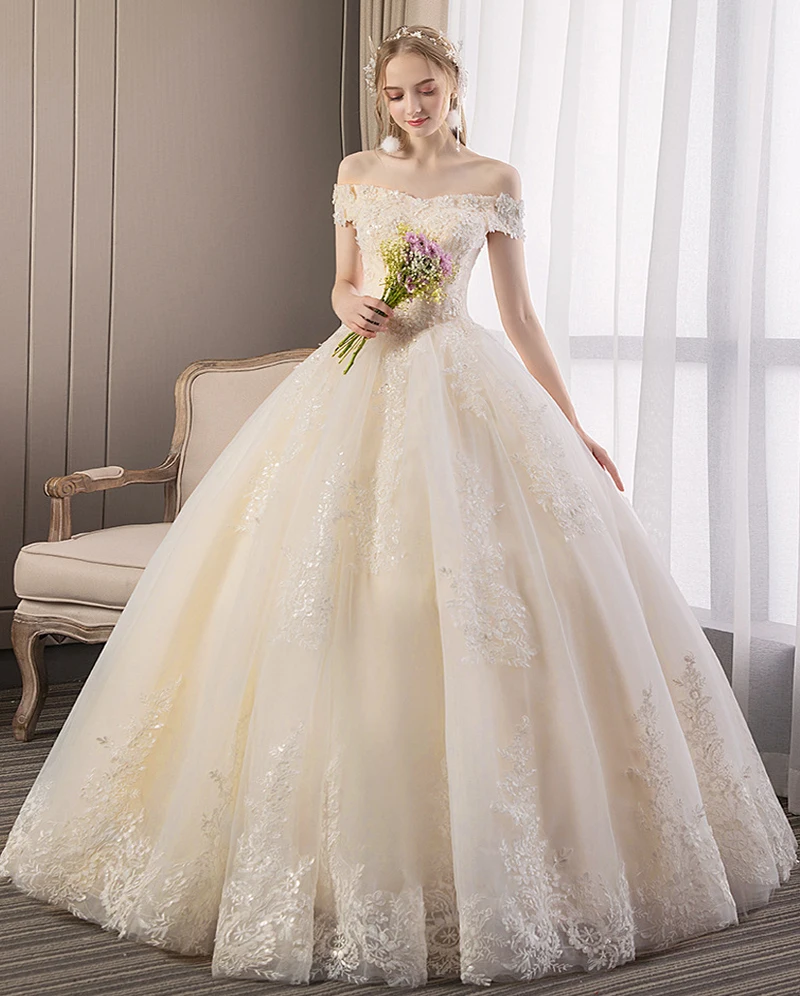 

Boat Neck Wedding Dresses 2019 New Lace Beading Sequined Short Sleeves Ball Gown Wedding Dress Plus sizes Vestido De Noiva