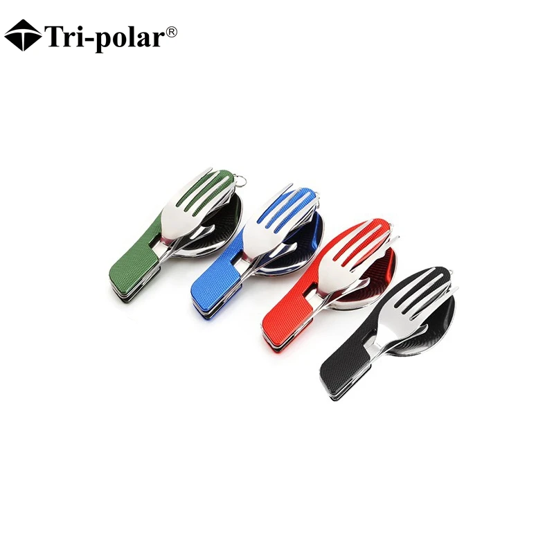 Plegable tenedor cuchara conjunto de cuchara al aire libre portátil de acero inoxidable juego de Picnic turística vajilla 3 en 1 Multi-función herramienta