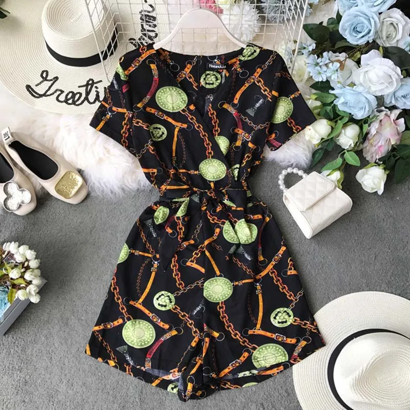 Chic Romper Women Casual Jumpsuit Printed Rompers Summer V-Neck Overalls For Women Combinaison Femme Chic Romper Women Casual Jumpsuit Printed Rompers Summer V-Neck Overalls For Women Combinaison Femme