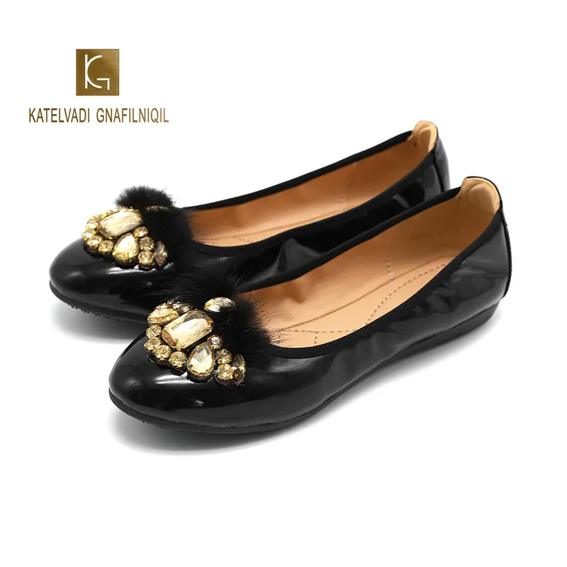 

Women Flats Black PU Crystal Furry Slip-On Round Toe Flat Shoes Women Casual Basic Solid Spring and Autumn Shoes K-304