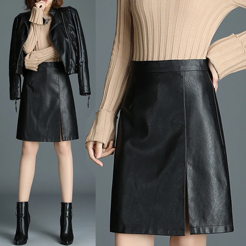 

Fall Winter Fashion Women Slim High Waisted Black A Line Black Pu Leather Skirt , Autumn 2018 Female Woman's 3xl 4xl Skirts