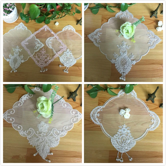 

High Quality European Mesh Beaded Pendant Embroidered Lace Placemat Coffee Cup Cushion Christmas Wedding Decoration Table Mat