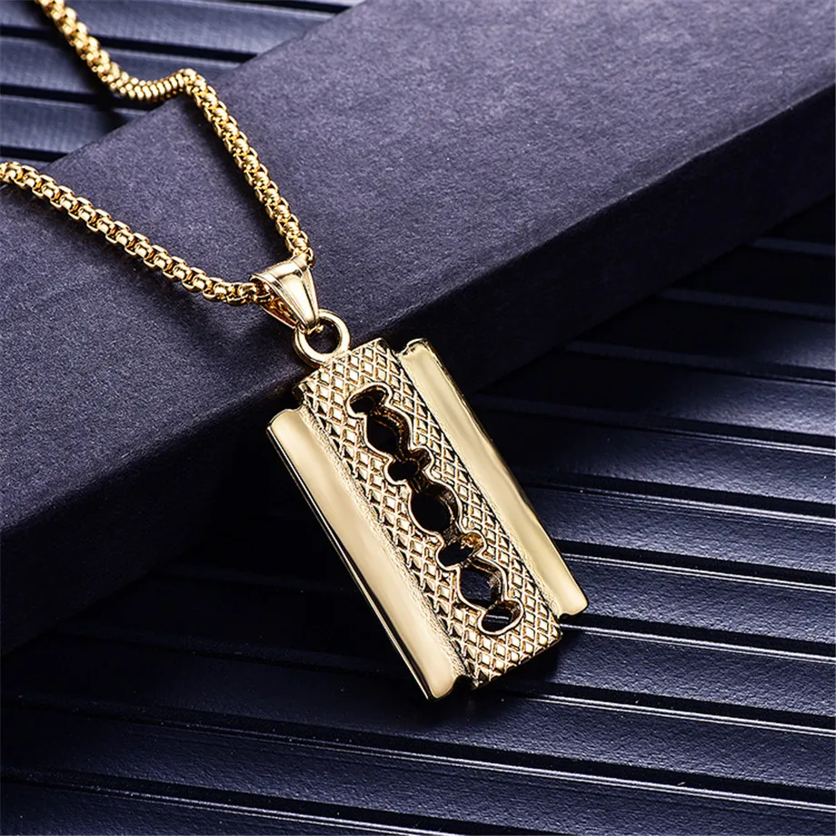 Punk-Razor-Blade-Pendants-Necklaces-Gold-Color-Stainless-Steel-Chain ...