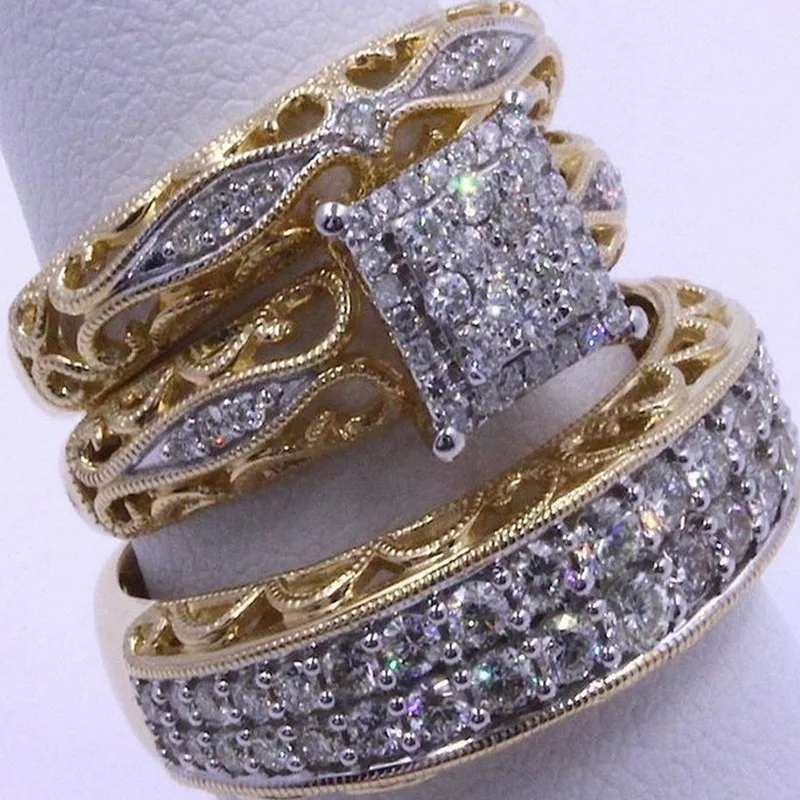 Элитный бренд, обручальные кольца, идеальный полый узор сверкающий камень циркон три-Кольцо из элементов комплект ювелирных изделий для Для женщин Обручение подарок
