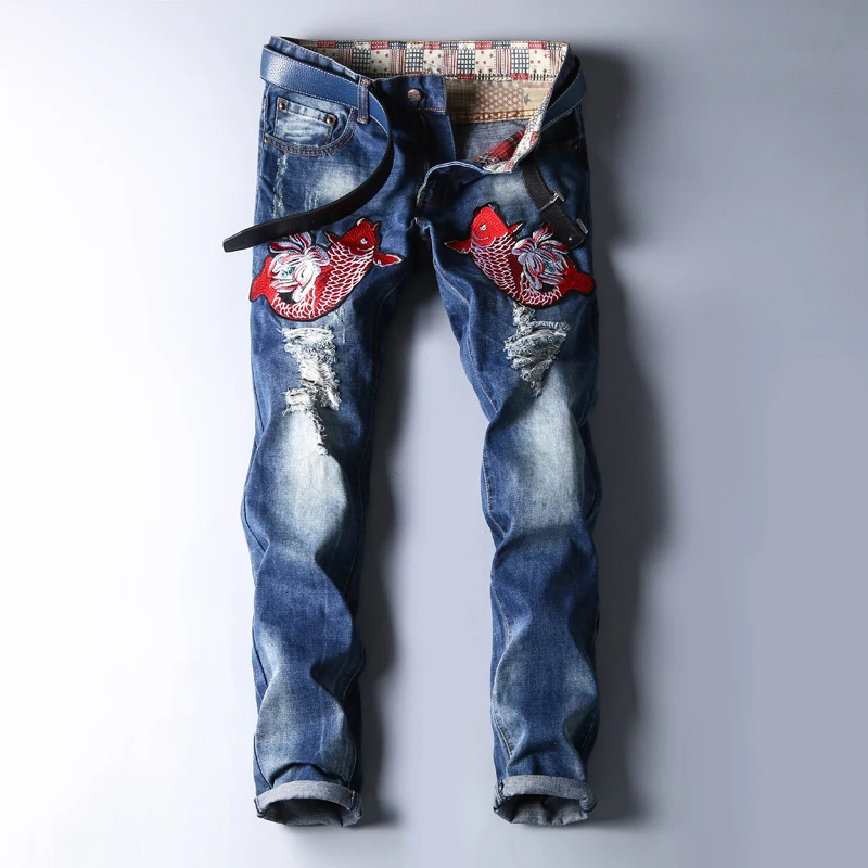 2017 American Style famous brand luxury Men's denim trousers flower