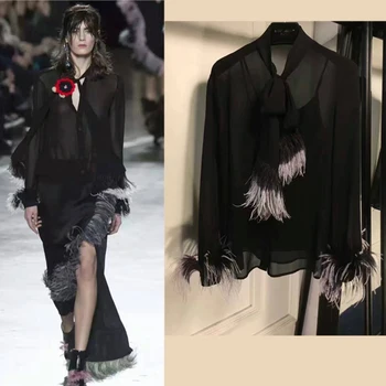 

fashion blusas for women amazing sexy V-neck bow collar with feather blouse,elegant women 100% silk blouses,chiffon blouse top